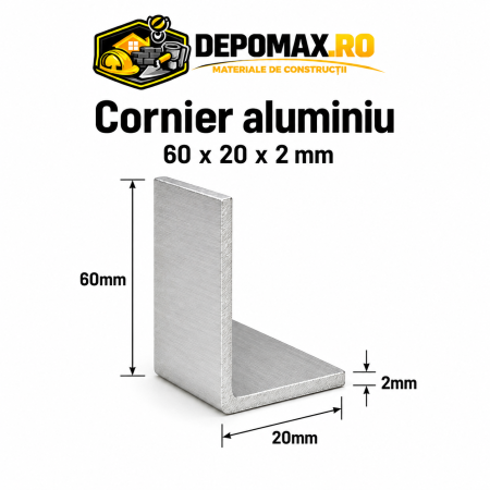 Cornier aluminiu 60 x 20 x 2 mm, 6 metri (EN AW-6060)